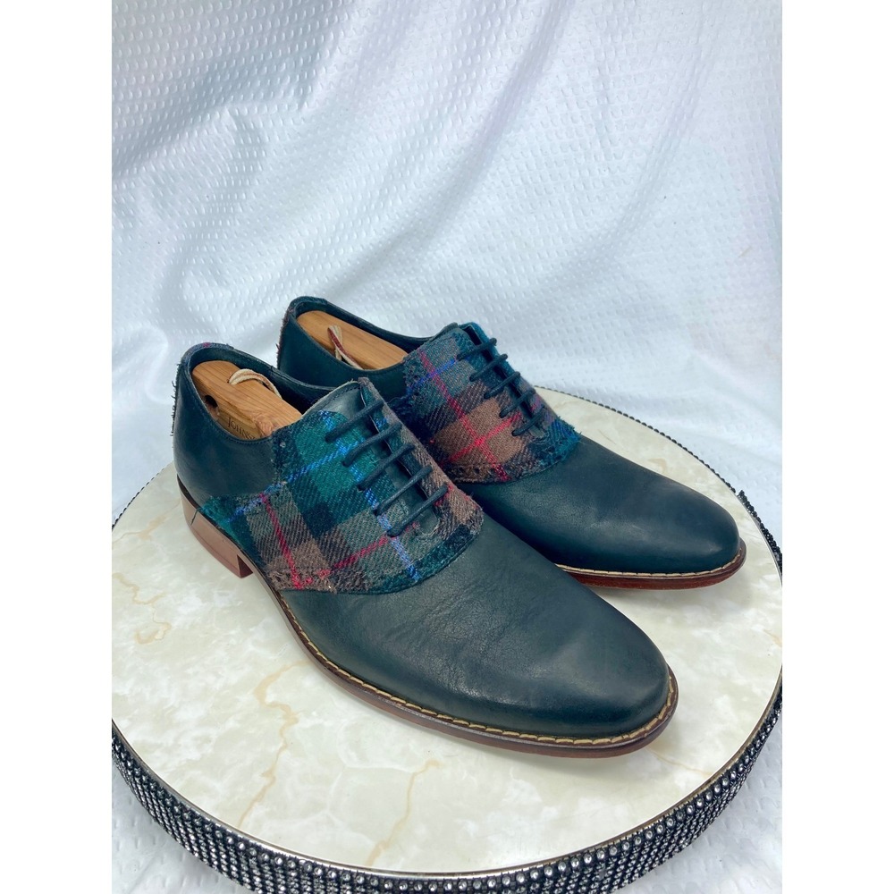 Cole Haan Plaid Wool Leather Oxford Dress Shoes Mens 8.5 Navy Academia Preppy